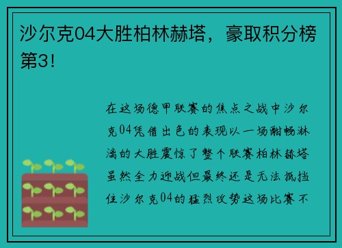 沙尔克04大胜柏林赫塔，豪取积分榜第3！