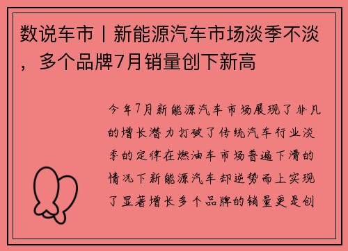 数说车市丨新能源汽车市场淡季不淡，多个品牌7月销量创下新高