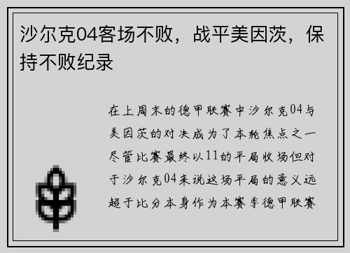 沙尔克04客场不败，战平美因茨，保持不败纪录