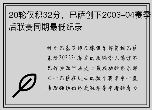 20轮仅积32分，巴萨创下2003-04赛季后联赛同期最低纪录