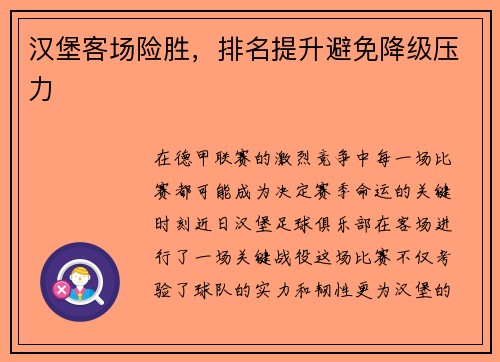汉堡客场险胜，排名提升避免降级压力