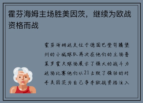 霍芬海姆主场胜美因茨，继续为欧战资格而战