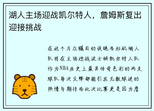 湖人主场迎战凯尔特人，詹姆斯复出迎接挑战