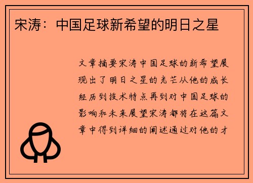 宋涛：中国足球新希望的明日之星